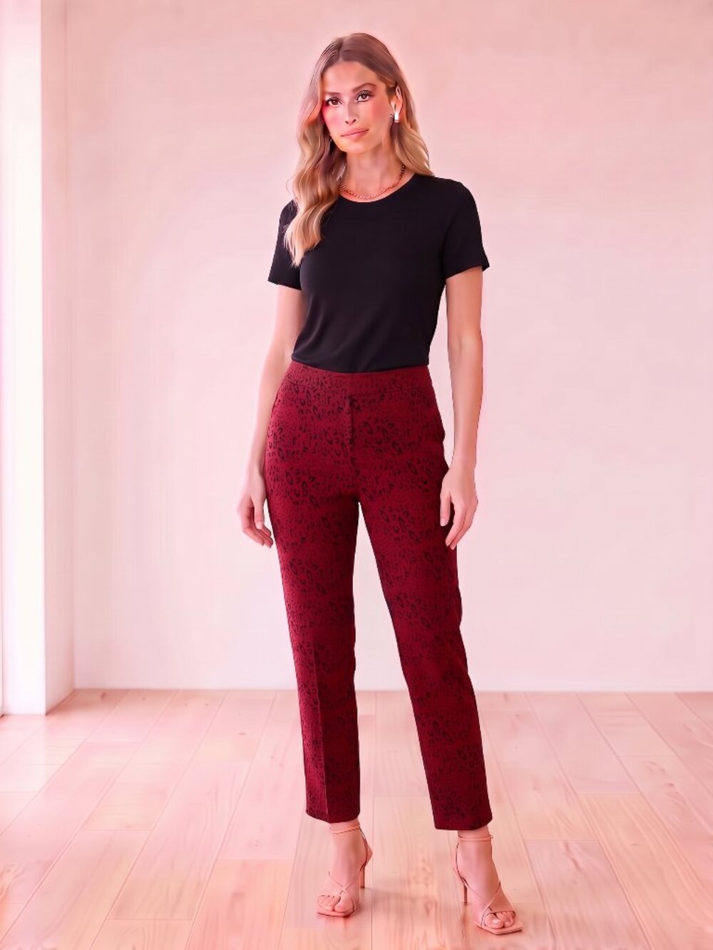 LOGO by Lori Goldstein WINE/BLACK LEOPARD pull-on pants Sz. L NEW without tags